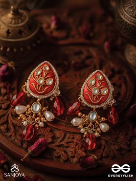 ARUNAMUKHI- FACE OF THE RED SUN- GLORIOUS KUNDAN EARRINGS WITH RED ENAMEL DETAILS AND PEARL EMBELLISHMENTS 