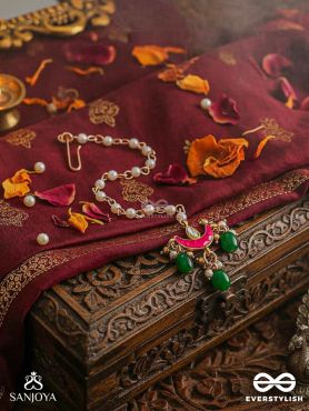 SHASHIRATNA- JEWEL OF THE MOON- KUNDAN MAANGTIKA INSPIRED BY THE MOON’S RADIANCE WITH PEARLS AND  GREEN DROPS