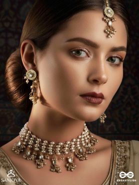 HIRANYA - GOLDEN GRACE -  HANDMADE KUNDAN SET WITH NECKLACE, EARRINGS AND MAANGTIKA