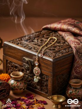 MADHUBHUSHANA - ADORNED WITH SWEETNESS - HANDCRAFTED KUNDAN ENAMEL MAANGTIKA WITH PEARL AND GEM DROPS