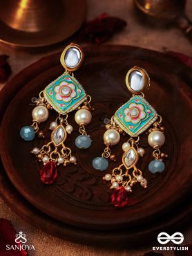 ANUPAMA - INCOMPARABLE BEAUTY - STATEMENT ENAMELLED KUNDAN EARRINGS WITH DAZZLING PEARLS, BEADS AND GEMS