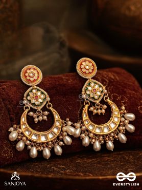 VIBHAVATI - ADORNED WITH RICHNESS - EXQUISITE KUNDAN EARRINGS WITH ENAMELLED POLKI DESIGN, PEARLS AND GEMSTONES