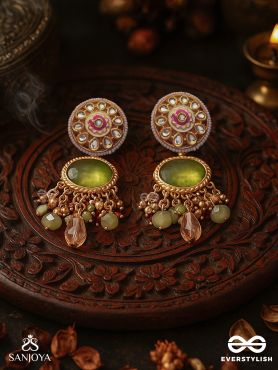 HARITRINA - GREEN AND PINK BEAUTY - ORNATE KUNDAN EARRINGS WITH FLORAL MOTIFS AND SPARKLING DROPS