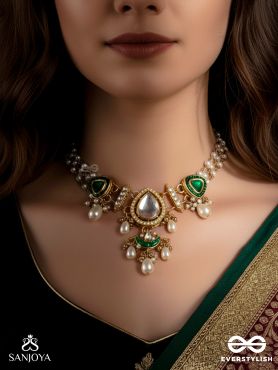 RATNODYA - RISING GEM - DAZZLING KUNDAN CHOKER WITH PEARLS AND ROYAL GREEN AND GOLD ACCENTS