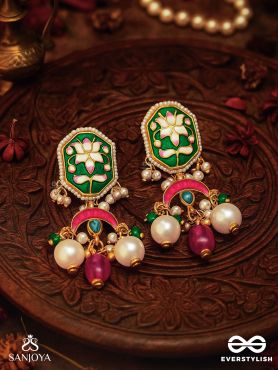 INDULEKHA - MOON'S BEAUTY - EXQUISITE CRESCENT-MOTIF KUNDAN EARRINGS WITH ENAMEL DETAILS AND PEARL DROPS