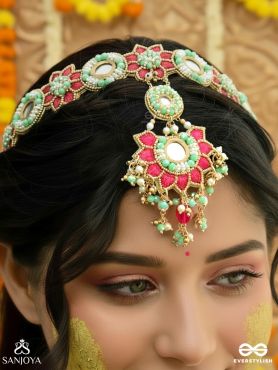 VASUKUSUMA – TREASURED BLOOM – FLORAL FOREHEAD ORNAMENT WITH MIRROR MEDALLIONS, RUBY BLOSSOM MOTIFS AND GEM DROP CENTREPIECE