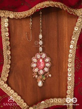 LALIMA - TINT OF PINK- HAND EMBROIDERED MAANGTIKA WITH PEARL DROPLETS AND GEMSTONES