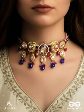 KUMUDRAAG - BLOOMING AT NIGHT-  INTRICATE ENAMELLED HANDCRAFTED KUNDAN CHOKER WITH PEARLS AND BEADS