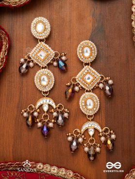 SHYAMALA - DUSKY QUEEN- GEOMETRIC POLKI EARRINGS WITH RICH GLASS DROPS AND PEARLS
