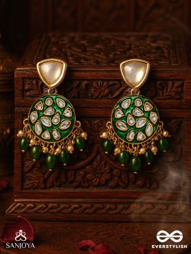 ARUNODAYA - DAWN RAYS- SYMMETRICAL KUNDAN POLKI EARRINGS WITH EMERALD GREEN ENAMEL ACCENT, PEARLS AND BEADS
