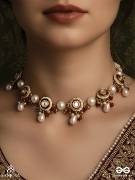RATNAPANKTI – ROW OF JEWELS – DELICATE NECKLACE WITH MINI GEM MOTIFS AND PEARL DROP ACCENTS