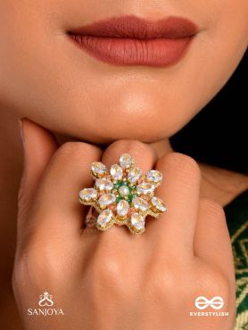 HIMANSHIKA - SNOW-KISSED- FLORAL RING WITH WHITE GEMSTONES AND PEARL CENTER