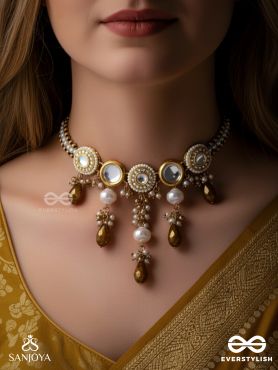 KANAKLEKHA - GOLDEN GLEAM- ROUND POLKI ACCENTED NECKPIECE WITH DEWY WHITE PEARLS AND WARM EARTHY TONE BEADS