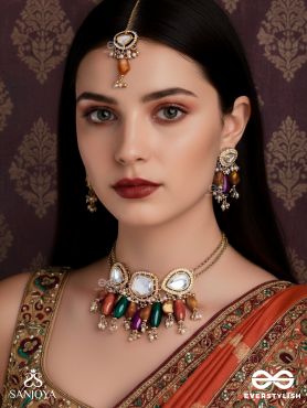 RASARANJANI - COLORFUL HARMONY - CONTEMPORARY KUNDAN STATEMENT SET WITH NECKPIECE, EARRINGS AND MAANGTIKA