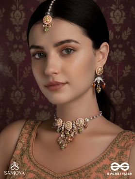 RAGTANIKA - COLORED COMPOSITION- HERITAGE STYLE KUNDAN SET WITH NECKPIECE, EARRINGS AND MAANGTIKA
