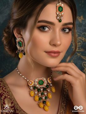 PITAMBRINI - ADORNED IN YELLOW - KUNDAN HANDCRAFTED SET WITH NECKPIECE, EARRINGS AND MAANGTIKA