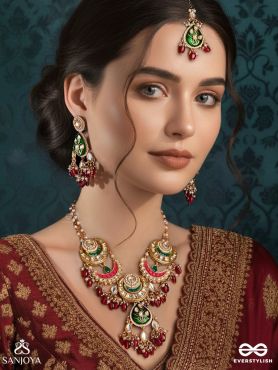 SINDURYA - SCARLET RAYS - GRAND CRESCENT KUNDAN SET WITH NECKPIECE, EARRINGS AND MAANGTIKA