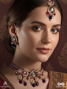 KUMUDRAAG - BLOOMING AT NIGHT - INTRICATE ENAMELLED SET WITH NECKPIECE, EARRINGS AND MAANGTIKA