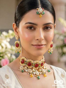 SURYAPRABHA - SUN’S AURA- LUXE HERITAGE KUNDAN SET WITH NECKPIECE, EARRINGS ,MAANGTIKA AND RING