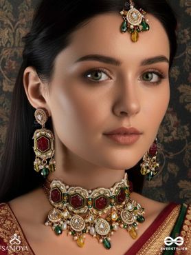 SURYAPRABHA - SUN’S AURA- LUXE HERITAGE KUNDAN SET WITH NECKPIECE, EARRINGS ,MAANGTIKA AND RING