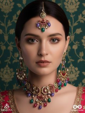 RANGAMAYA - FILLED WITH COLORS - INTRICATE KUNDAN SET WITH NECKPIECE, EARRINGS AND MAANGTIKA