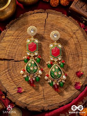 CHITRALEKHA RATNIKA – ARTISTIC GEM – DETAILED FLORAL KUNDAN EARRINGS WITH MULTI-COLOR DROPS.