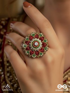 SINDOORI SHOBHA – VERMILION SPLENDOR – HANDMADE RING WITH KUNDAN CENTERPIECE AND COLORFUL PETALS