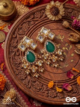 SHOBHANA - THE GRACEFUL ONE - KUNDAN STUDDED EARRINGS WITH ROYAL GREEN CENTER AND PEARL DROPS