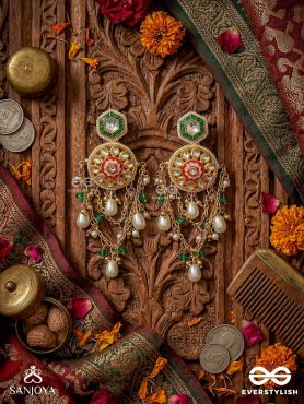 RANGINI – REGAL BLOOM – GOLDEN KUNDAN DROPS WITH GREEN GEM ACCENTS