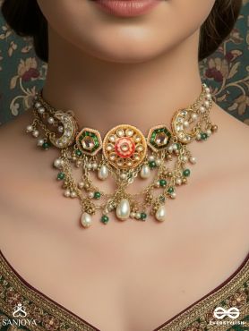 RANGINI – REGAL BLOOM- KUNDAN POLKI CHOKER WITH GREEN ENAMEL, PEARL DROPLETS & CRESCENT ACCENTS
