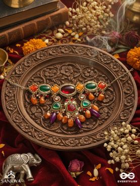 KĀNCHANAKALPA - GOLDEN FANTASY - DROPLET NECKPIECE IN GREEN, ORANGE, AND RUBY-PURPLE EMBELLISHMENTS