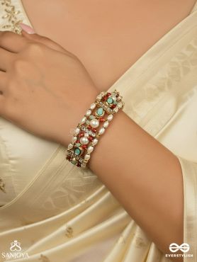 RANGVASANT – COLOURS OF SPRING – LINKED BRACELET WITH RED ENAMEL PANELS, MINT STONE ACCENTS AND PEARL CLUSTERS
