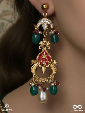 KAMALINI – LOTUS IN BLOOM – ORNATE GOLD-TONE EARRINGS WITH ENAMEL DETAIL, TEAL AND WHITE BEADS AND PEARL DROP