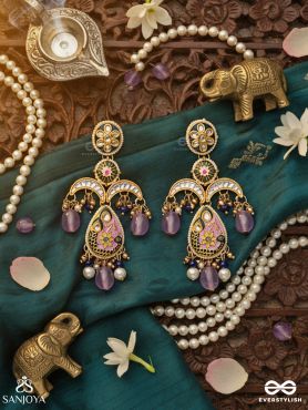 MRIGIKA – SOFT BEAUTY – GOLD TEARDROP CHARM EARRINGS WITH LAVENDER DROPS