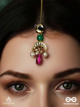 SUGANDHIKA – FRAGRANT BLOOM – GOLDEN CHARM MAANGTIKA WITH GREEN BEAD AND BRIGHT PINK DROPLET