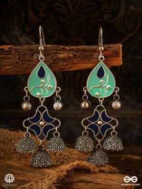 BLUE BLOOM – TEARDROP ENAMELLED OXIDISED EARRING 