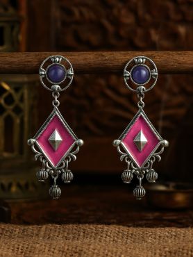 RUBY DUSK – GEOMETRIC DROP ENAMELLED OXIDISED EARRING  