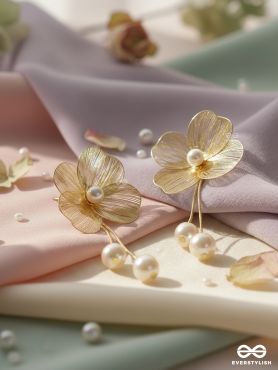 PETAL CASCADE – GOLDEN FLORAL EARRINGS WITH PEARL DROPS