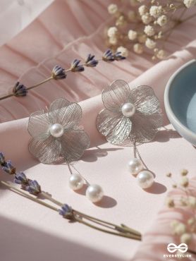 PETAL CASCADE – SILVER FLORAL EARRINGS WITH PEARL DROPS
