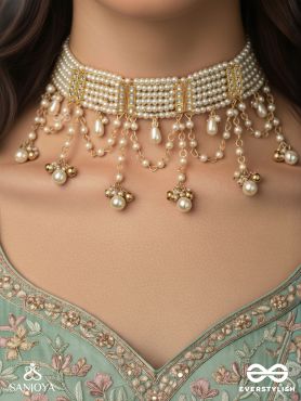MUKTAARA – PEARL ADORNMENT – PEARL CHOKER NECKLACE WITH HANGING CHAINS