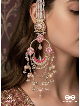 PADMALI – LOTUS GIRL – GOLD & PINK MOTIF WITH PEARL HANGINGS EARRINGS
