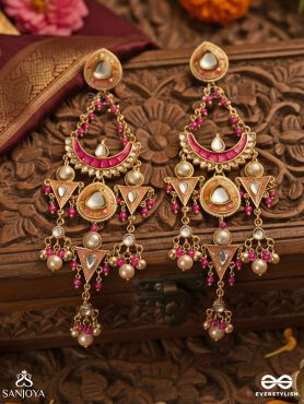RUPANJALI – OFFERING OF BEAUTY – PINK-GOLD MULTI-TIER DROP EARRINGS WITH PEARLS AND CRYSTAL MOTIFS