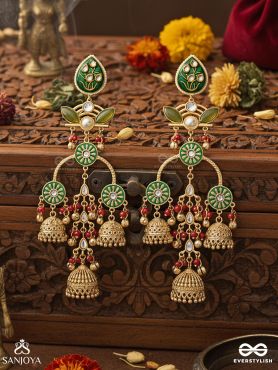 PRAKALYA – PURE ELEGANCE – ARTISANAL GREEN MOTIF DROP EARRINGS WITH RED ACCENTS AND GOLD JHUMKA CHAINS