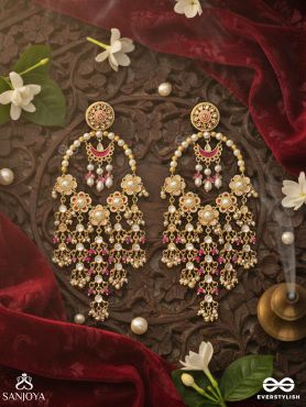 KUSUMANJALI – OFFERING OF BLOOMS – MULTI-TIER FLORAL PEARL EARRINGS WITH PINK BEAD DETAILS