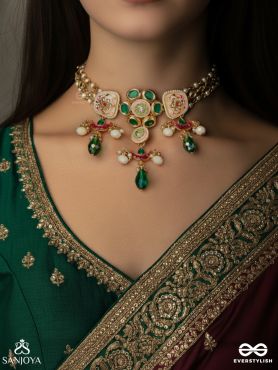 SUVARNALIKA – GOLDEN BLOOM – ORNATE PINK-PEARL CHAND CHOKER NECKLACE WITH MULTIPLE LAYERS
