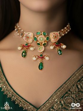 SUVARNALIKA – GOLDEN BLOOM – ORNATE PINK-PEARL CHAND CHOKER NECKLACE WITH MULTIPLE LAYERS
