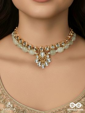 NAYANAMRITA – EYE PLEASING – PEARL-GREEN BEADED CHOKER NECKLACE WITH DAINTY KUNDAN LOTUS DROP