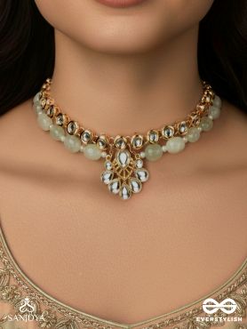 NAYANAMRITA – EYE PLEASING – PEARL-GREEN BEADED CHOKER NECKLACE WITH DAINTY KUNDAN LOTUS DROP