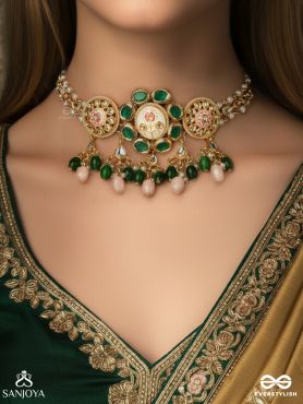 KUNDANMALA – KUNDAN GARLAND – PEARL-CLUSTERED GOLD CHOKER NECKLACE WITH PEARL DROP
