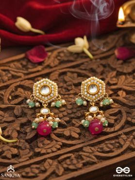 TAPANSHRI – BRIGHT RAY – GOLD CUTWORK MOTIF WITH REFLECTIVE STONES AND PINK BEAD EARRINGS